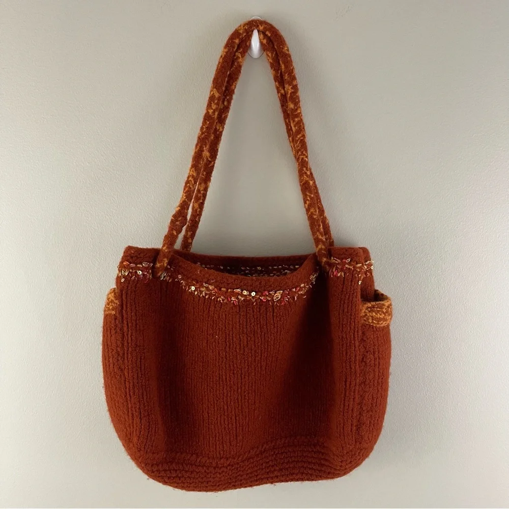 90s Burnt Orange Handmade Sequin Knit Felted Wool Slouchy Hobo Shoulder Bag Tote